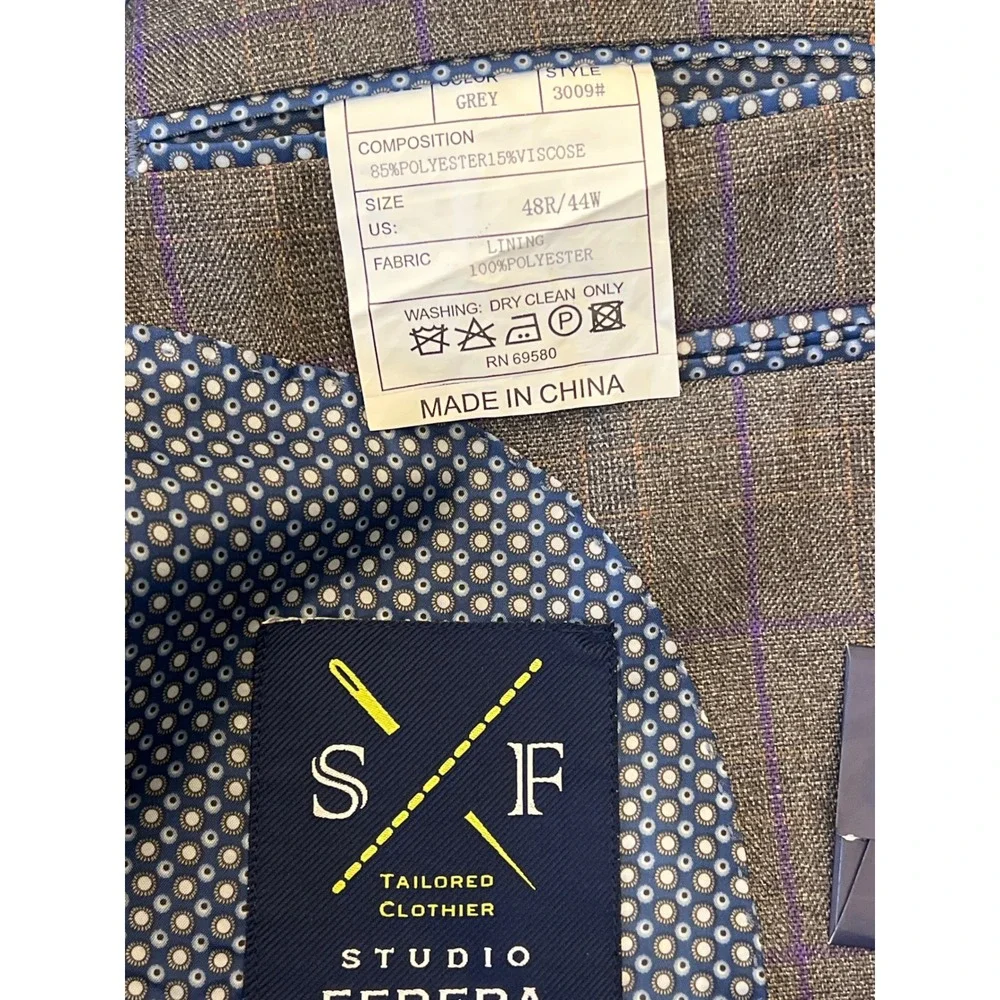 Studio Ferera Grey Plaid‎ Modern Fit Suit Blazer Men's 48R